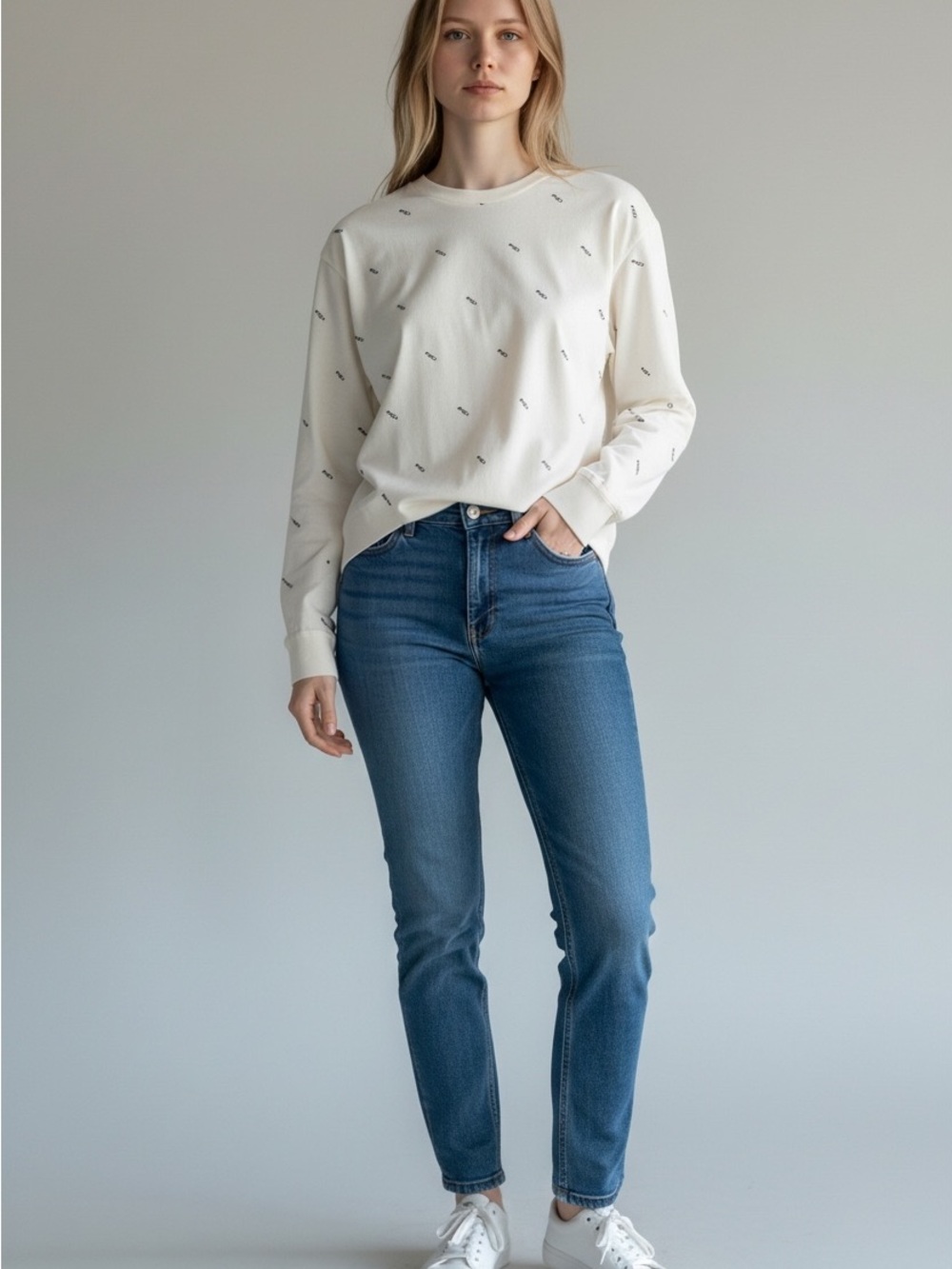 RVCA White Long-Sleeve Tee with Mini Logo Print